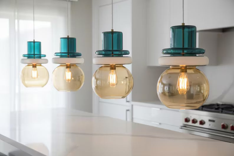 Green Glass Pendant Light – Modern Hanging Lamp for Kitchen Island Lighting, Handmade Glass Ceiling Lamp - restaurant lighting | Les Trois Pyramides