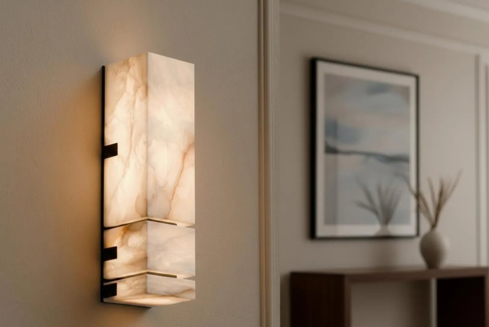 Wall-mounted light fixture with a textured design in a room setting.