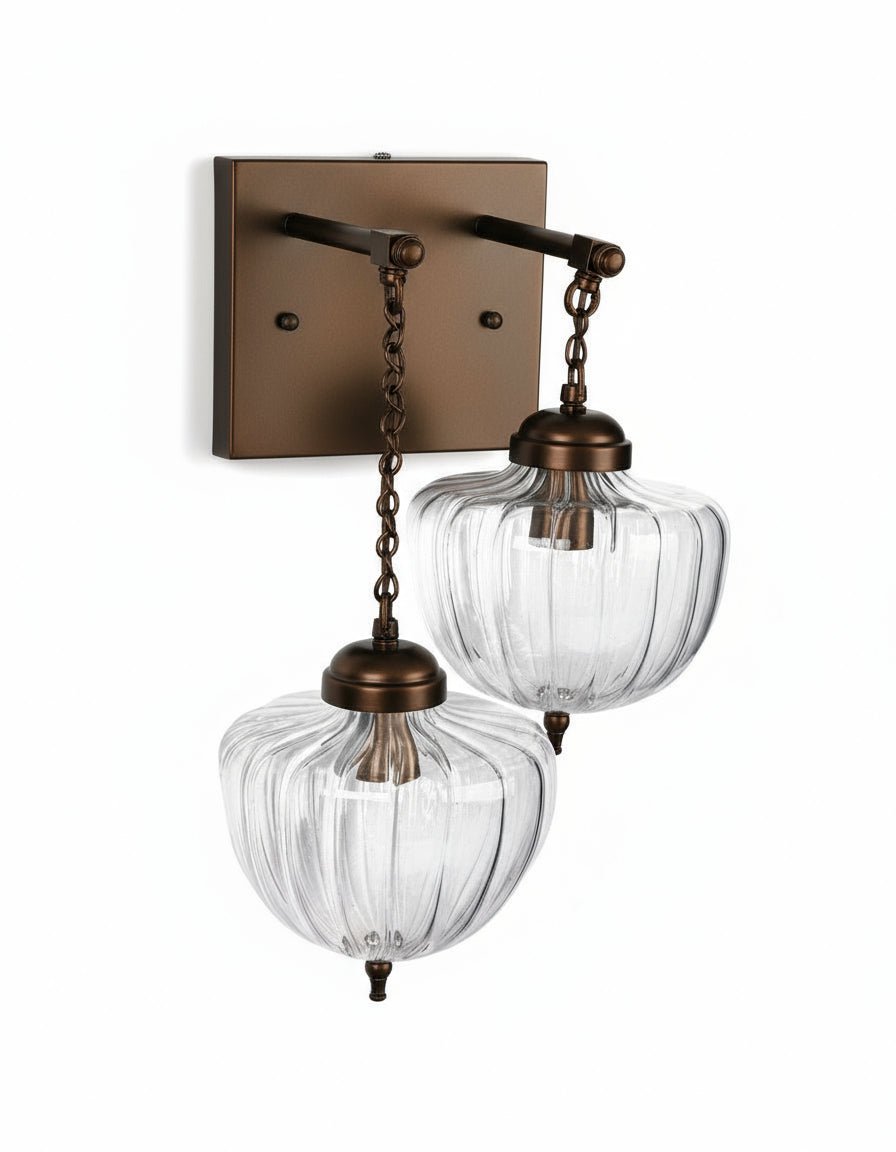 Vintage Brass Double Glass Wall Sconce – Elegant Ribbed Globe Wall Light for Timeless Interiors