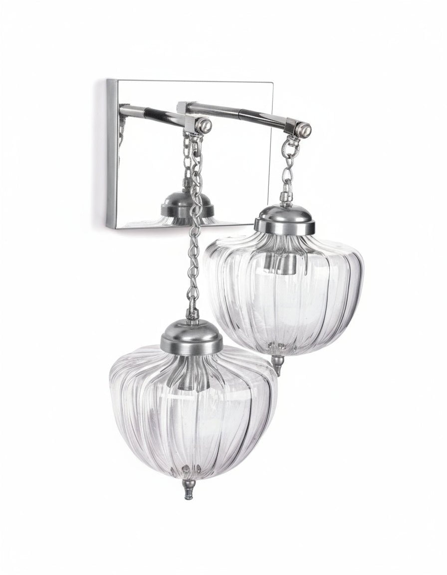 Vintage Brass Double Glass Wall Sconce – Elegant Ribbed Globe Wall Light for Timeless Interiors