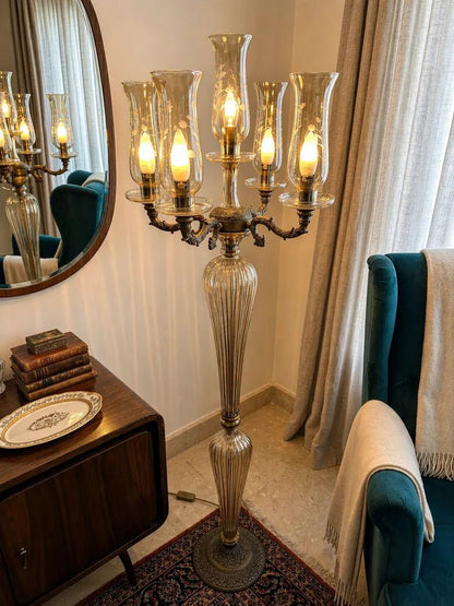 Vintage Floor Lamp Brass Glass Candelabra – Tall Unique Floor Lamp for Living Room Lighting, Handmade Standing Lamp | Les Trois Pyramides