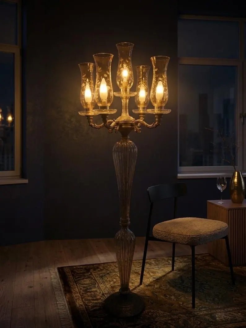 Vintage Floor Lamp Brass Glass Candelabra – Tall Unique Floor Lamp for Living Room Lighting, Handmade Standing Lamp | Les Trois Pyramides