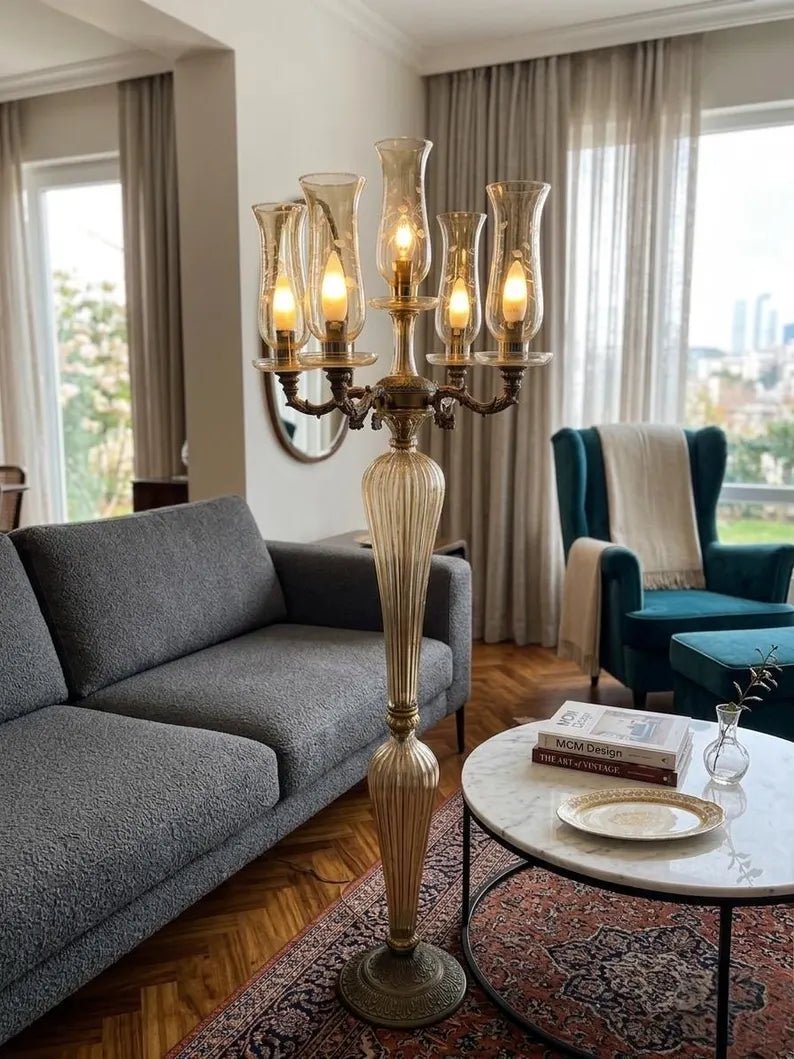 Vintage Floor Lamp Brass Glass Candelabra – Tall Unique Floor Lamp for Living Room Lighting, Handmade Standing Lamp | Les Trois Pyramides