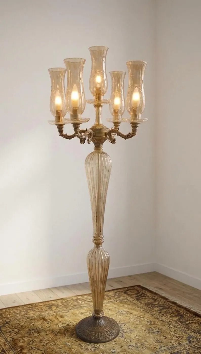 Vintage Floor Lamp Brass Glass Candelabra – Tall Unique Floor Lamp for Living Room Lighting, Handmade Standing Lamp | Les Trois Pyramides