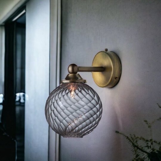 Blown Glass wall lamp Ripple and swirl smokey Grey
