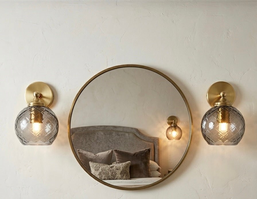 Wall-mounted smokey grey glass lamps with textured glass shade in bedroom - Les Trois Pyramides