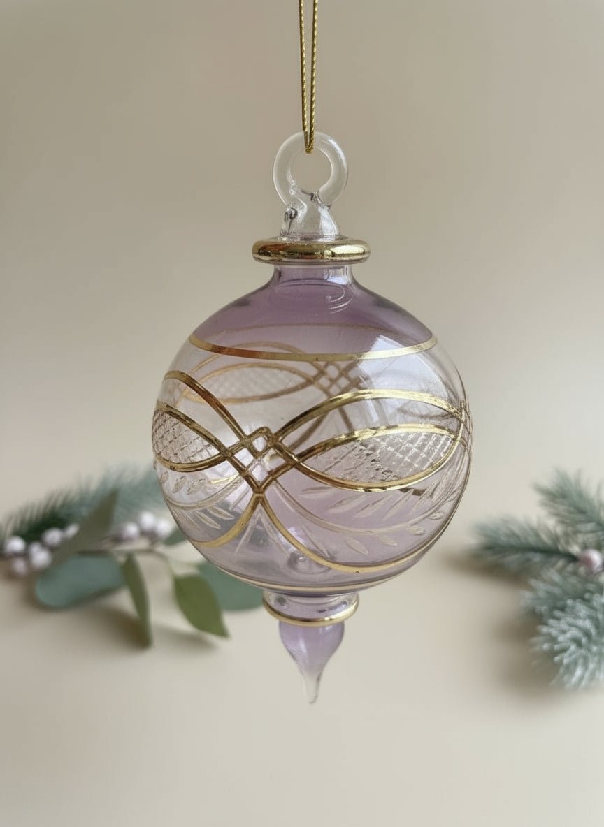 Violet Engraved Blown Glass Christmas Ornament