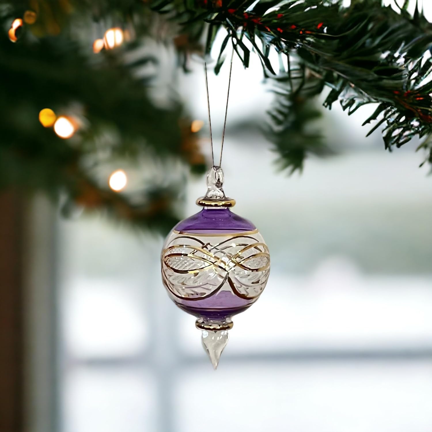 Violet Engraved Blown Glass Christmas Ornament - Les Trois Pyramides 