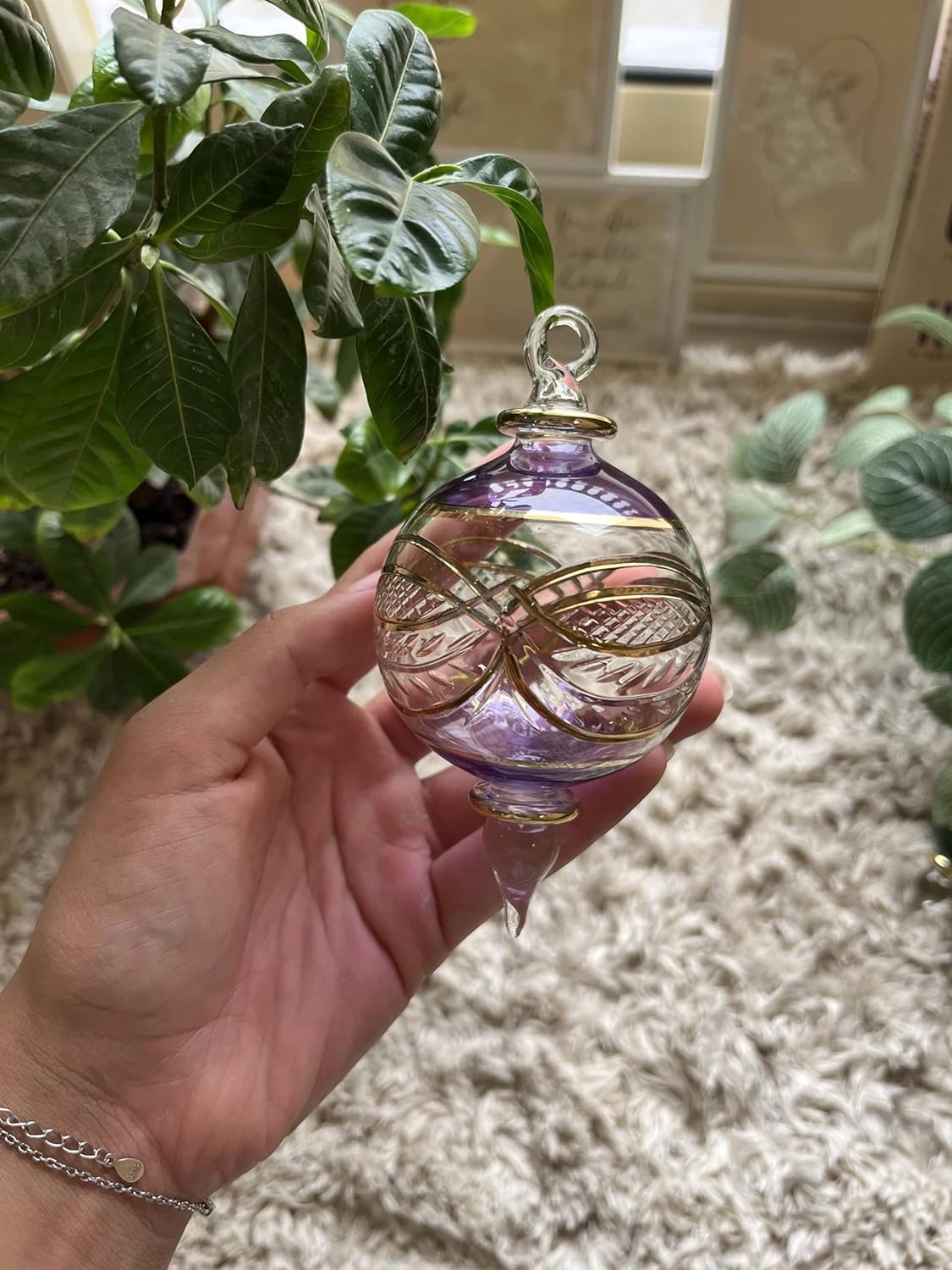 Violet Engraved Blown Glass Christmas Ornament - Les Trois Pyramides 