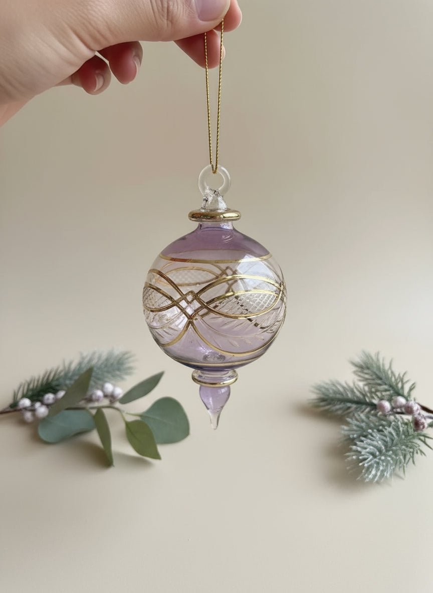 Violet Engraved Blown Glass Ornament for Holiday Memories