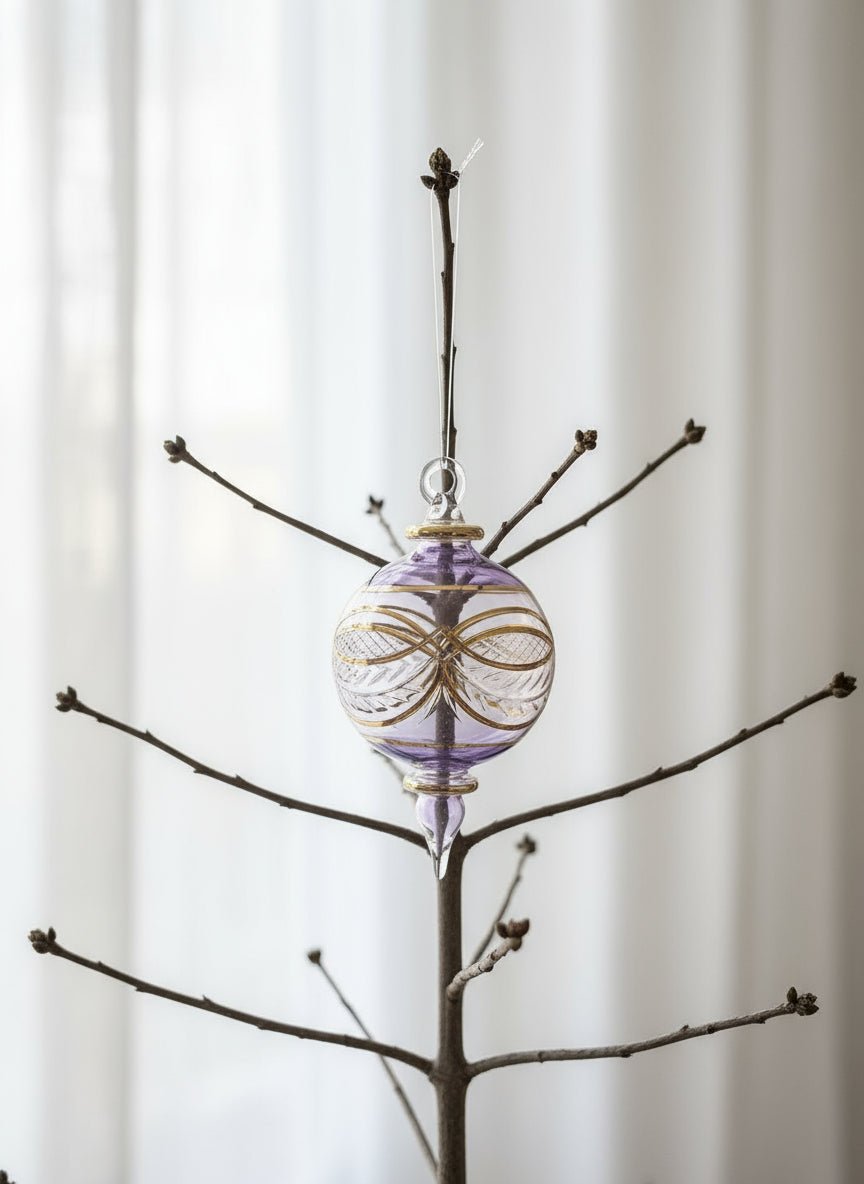 Hand holding a decorative glass ornament with gold leaf design, surrounded by green plants.