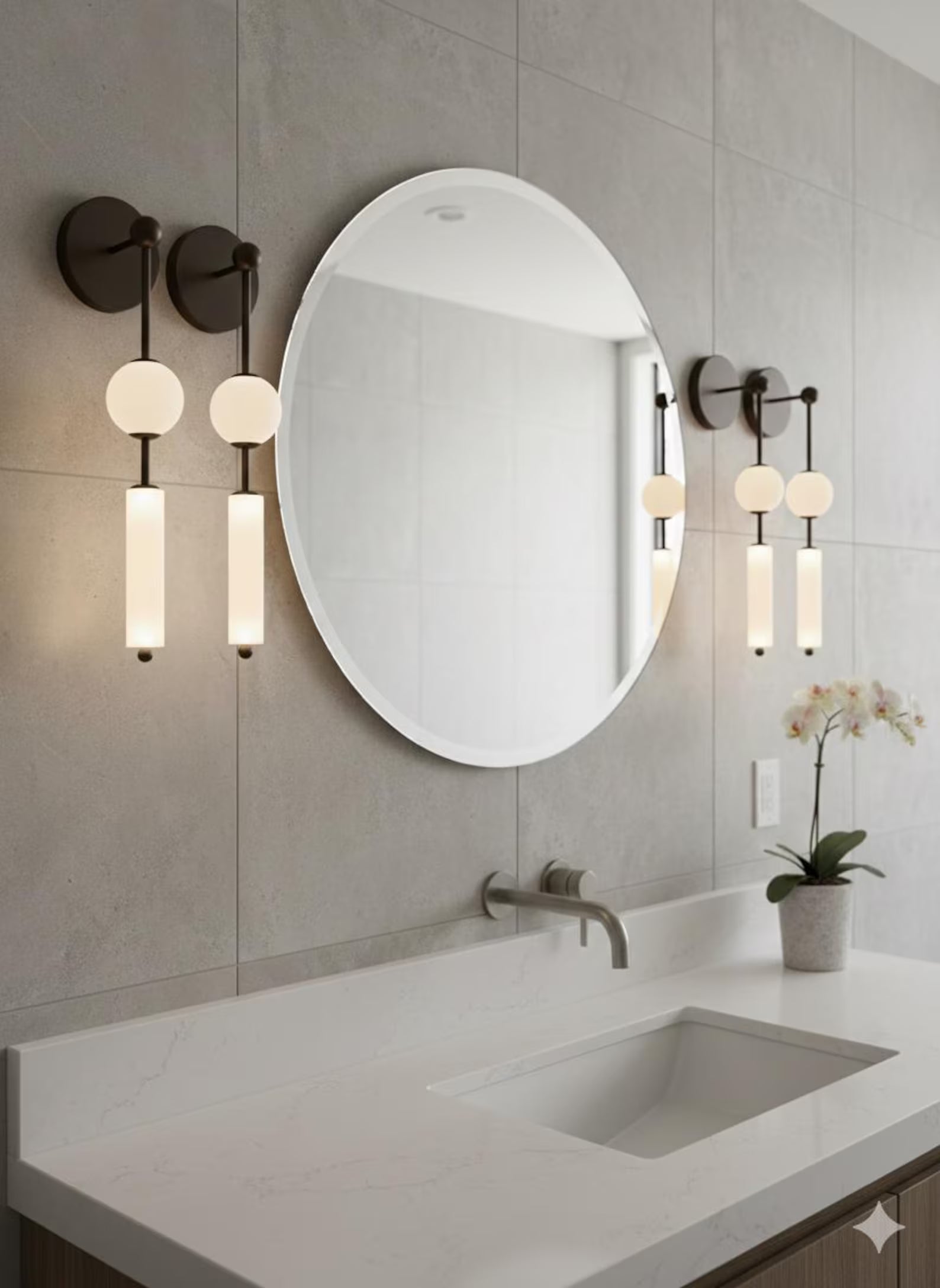 Bathroom vanity with round mirror, lights, and a small plant.