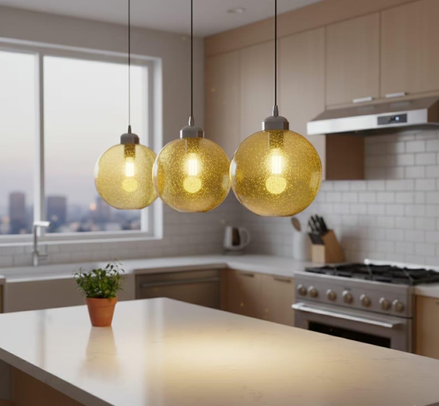 Hand Blown Textured Yellow Glass Pendant - Les Trois Pyramides
