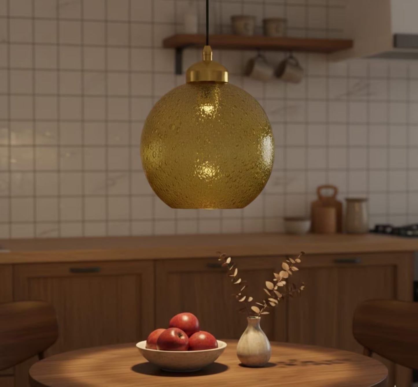 Hand Blown Textured Yellow Glass Pendant - Les Trois Pyramides