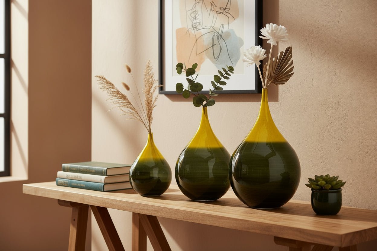 Set of Three Vintage Classic Handmade Blown Glass Vases - Les Trois Pyramides