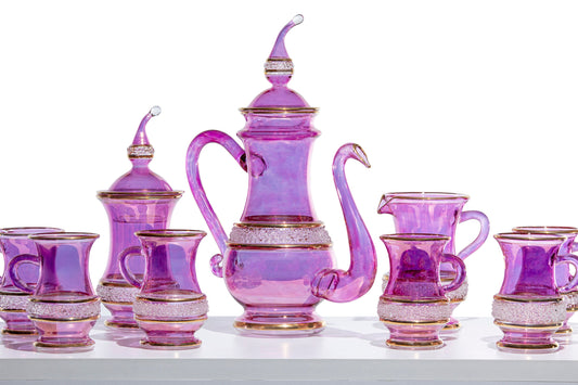Beautiful Set of Coffee/tea Serving Engraved Handmade Blown Glass Turkish Style Maker 2 Pots and 6 Coffee Glass Cups and Resist Hight Temp - Les Trois Pyramides