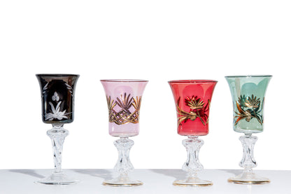 Set of 4 Unique Handmade Goblets Blown Glass Drinking Glasses Emboss with 14 K Gold - Les Trois Pyramides 