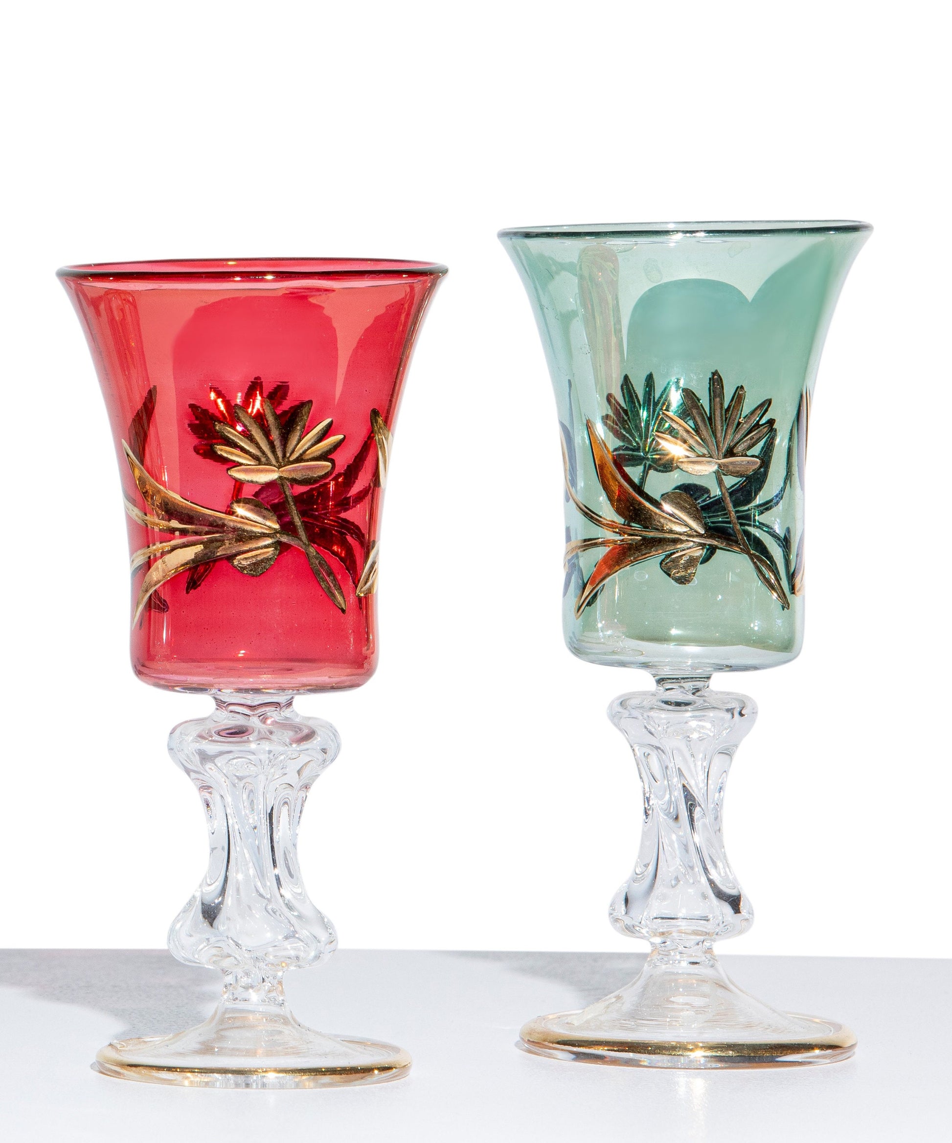 Set of 4 Unique Handmade Goblets Blown Glass Drinking Glasses Emboss with 14 K Gold - Les Trois Pyramides 