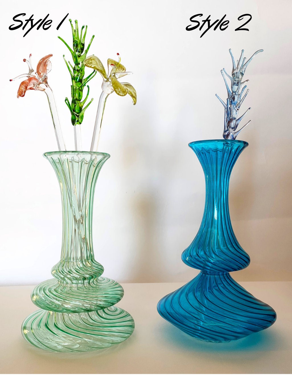 Set of 2 Handmade Clear Vases , Handmade Blown Glass Table Top , Blown glass vases , vintage glass vase , colored glass vases