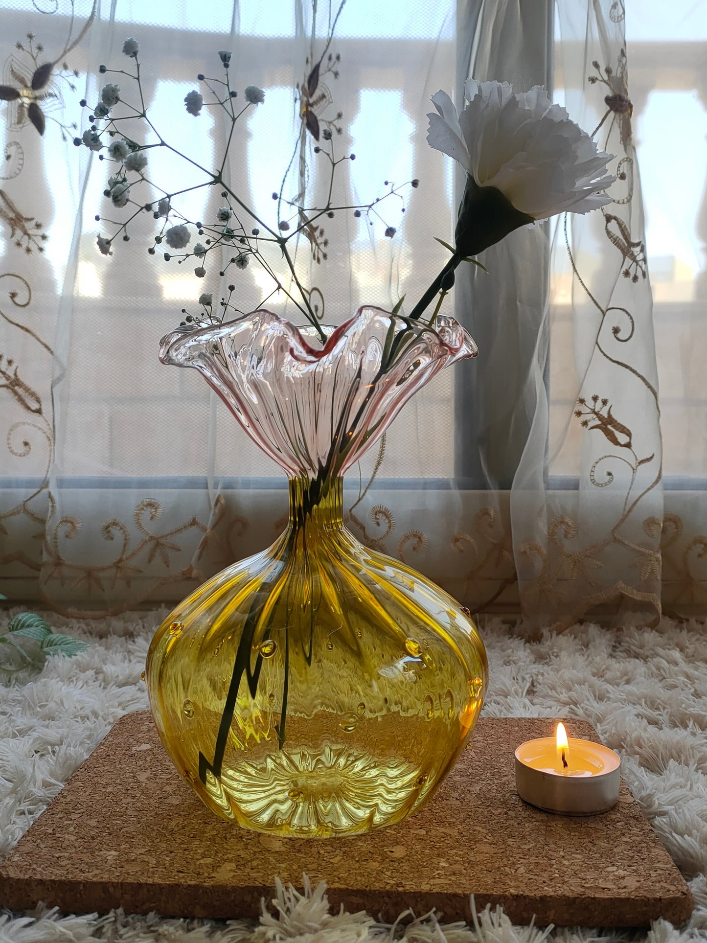 Hued Yellow Glass Art Deco Vase , Hand Blown Glassware , Blown Glass Vases , Vintage Glass Vase , Colored Glass Vases , Vase for Flowers - Les Trois Pyramides