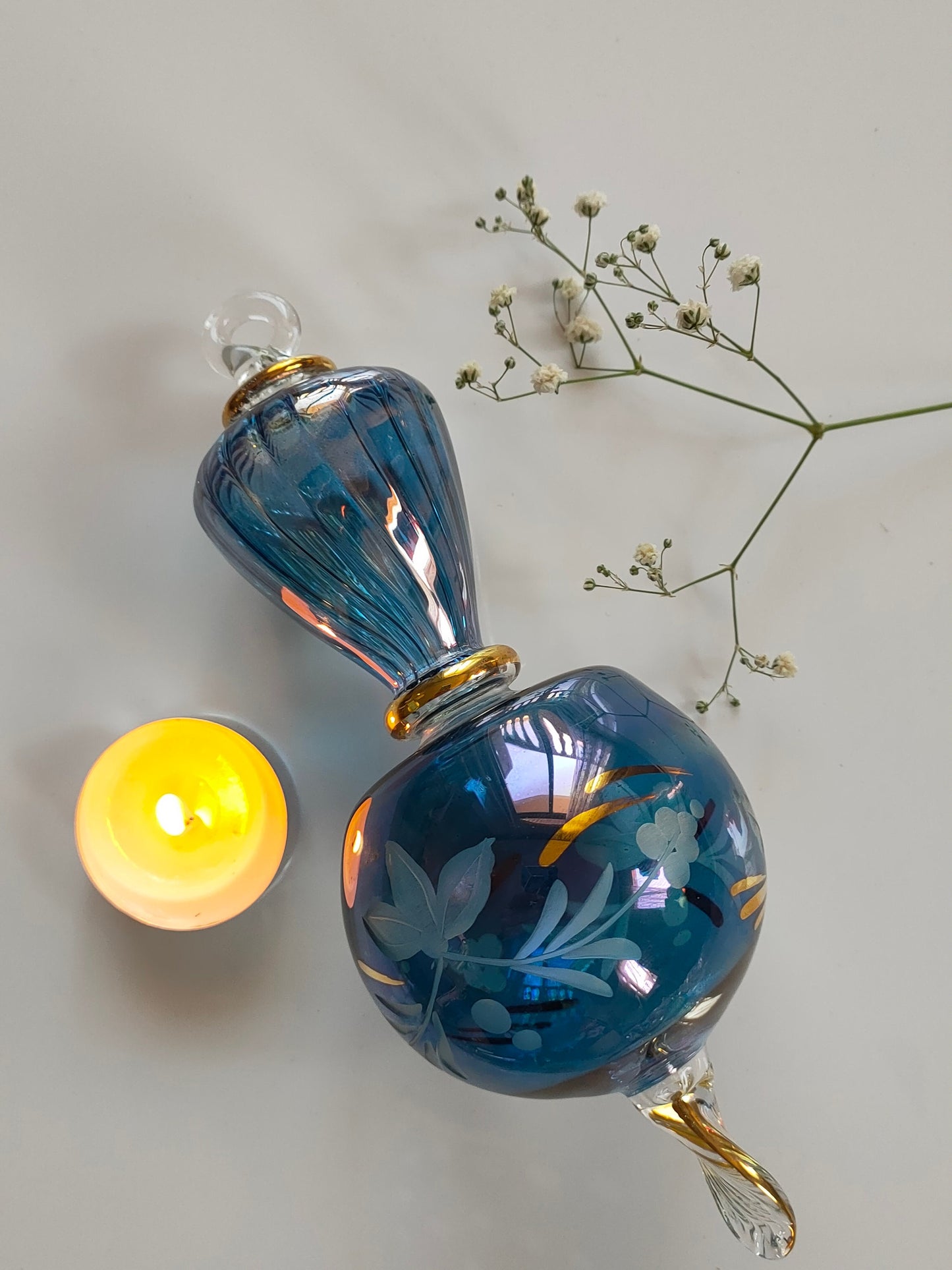 Engraved Blue Glass Tree topper ornament 14 K Gold