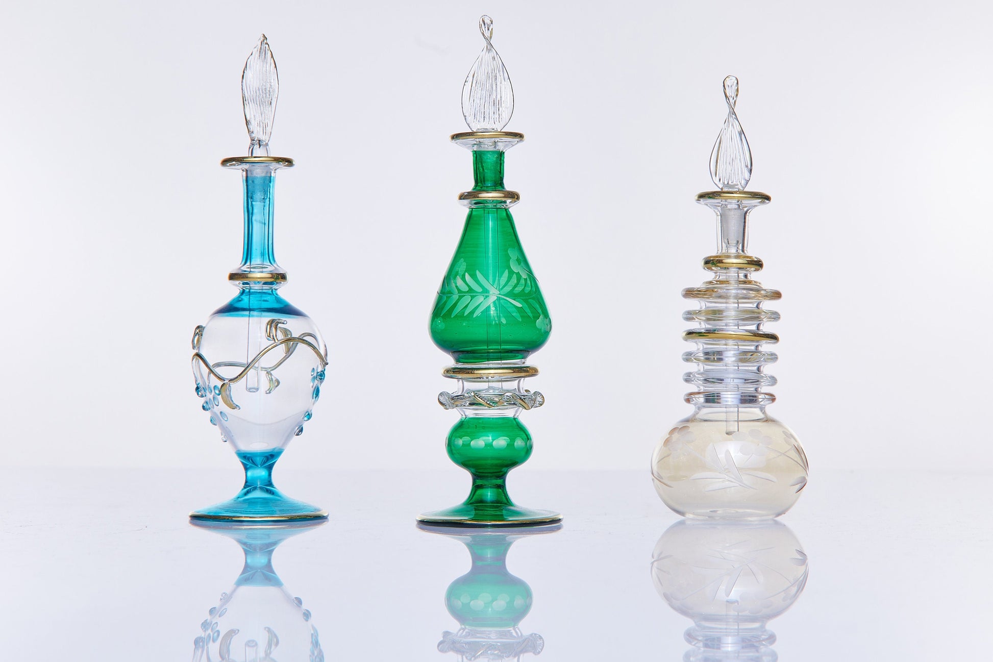 Egyptian Essential Oil Holder Bottles Set of Three | Perfume Oil Glass Bottles | Hand Painted Blown Glass Bottles | Vintage Perfume Bottles - Les Trois Pyramides
