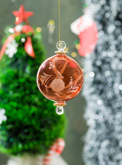 Glass Art RED Engraved Handmade Christmas Ornament - Les Trois Pyramides