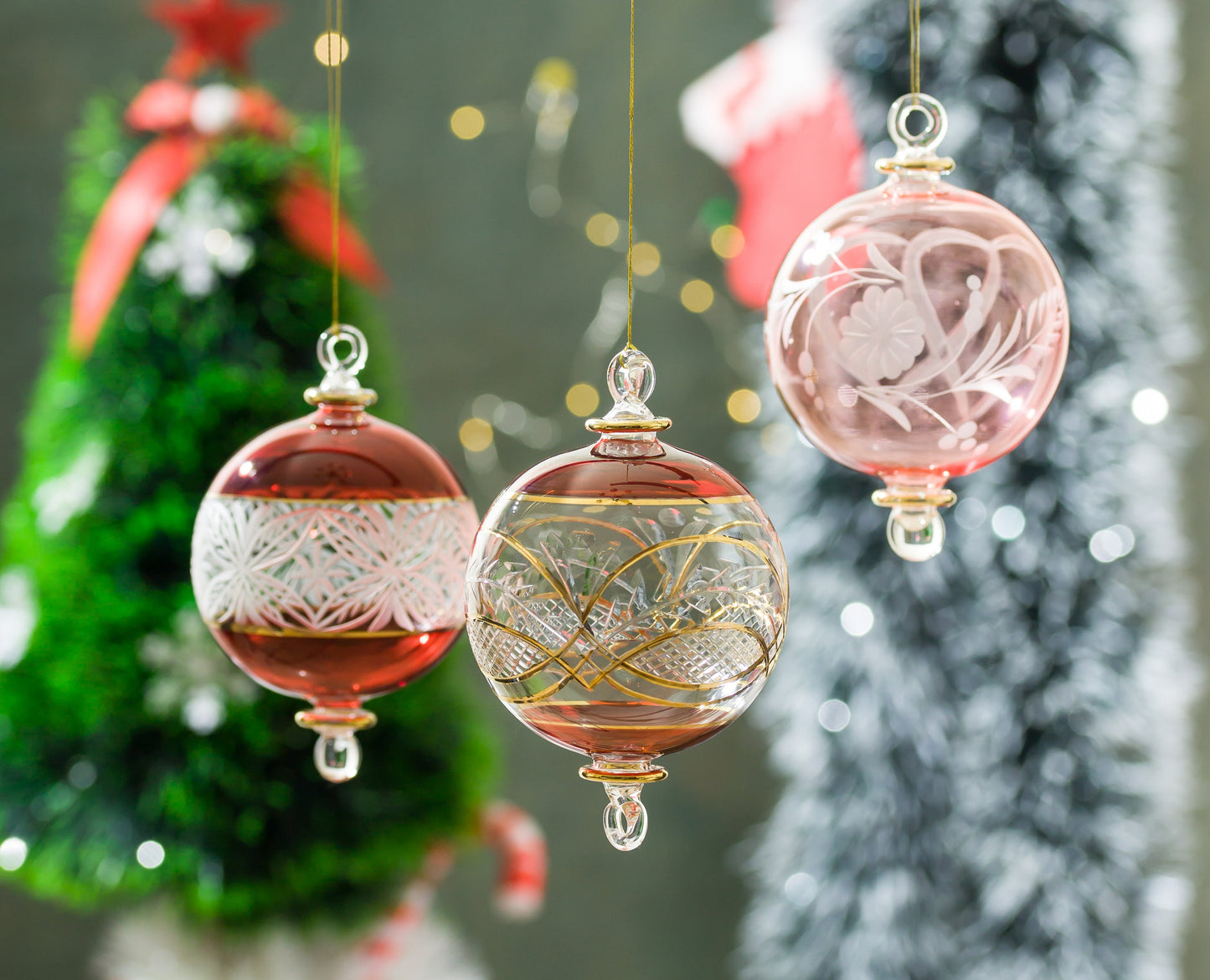 Set of Three Large Glass Tree topper ball ornaments for Christmas tree decorations , Handblown Christmas tree topper , Blown glass ornament