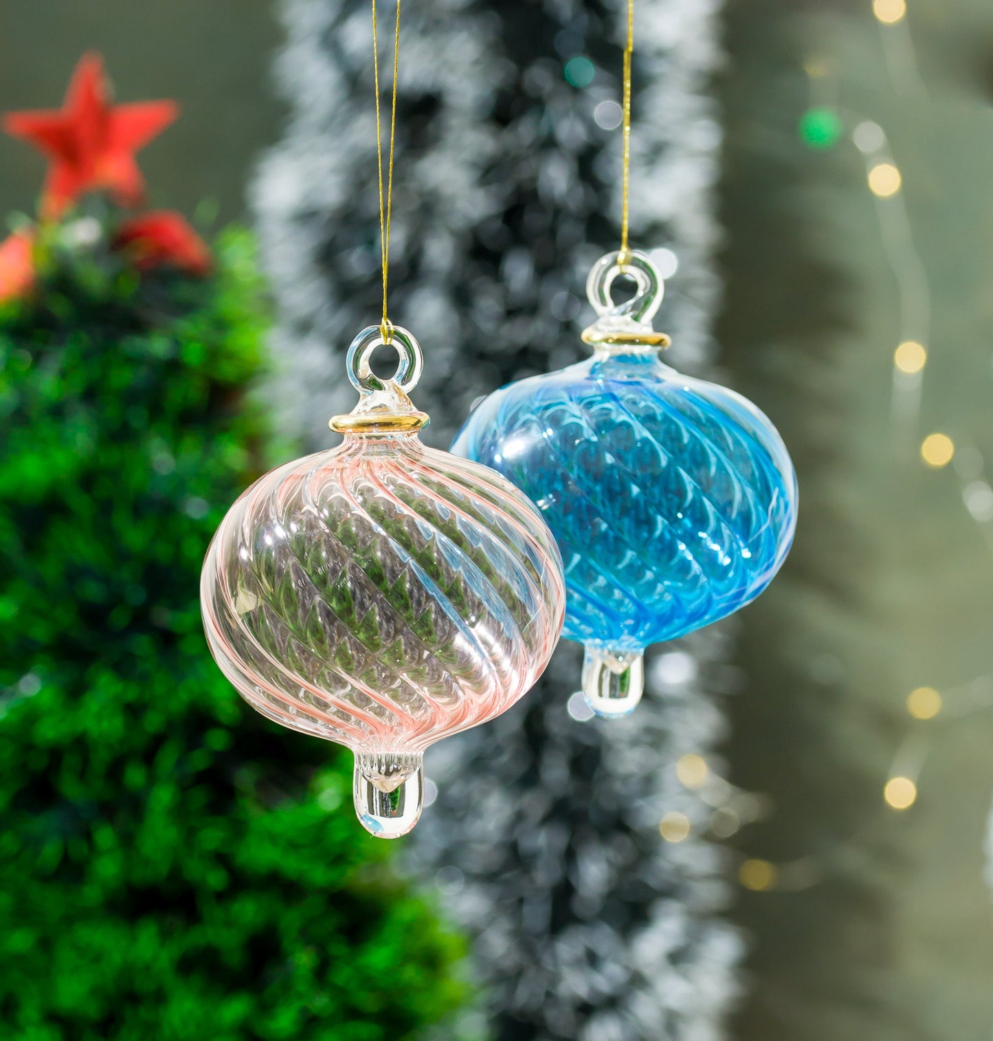 Set of Two Large Ribbed Glass Tree topper ornaments for Christmas tree decorations , Handblown Christmas tree topper , Blown glass ornament