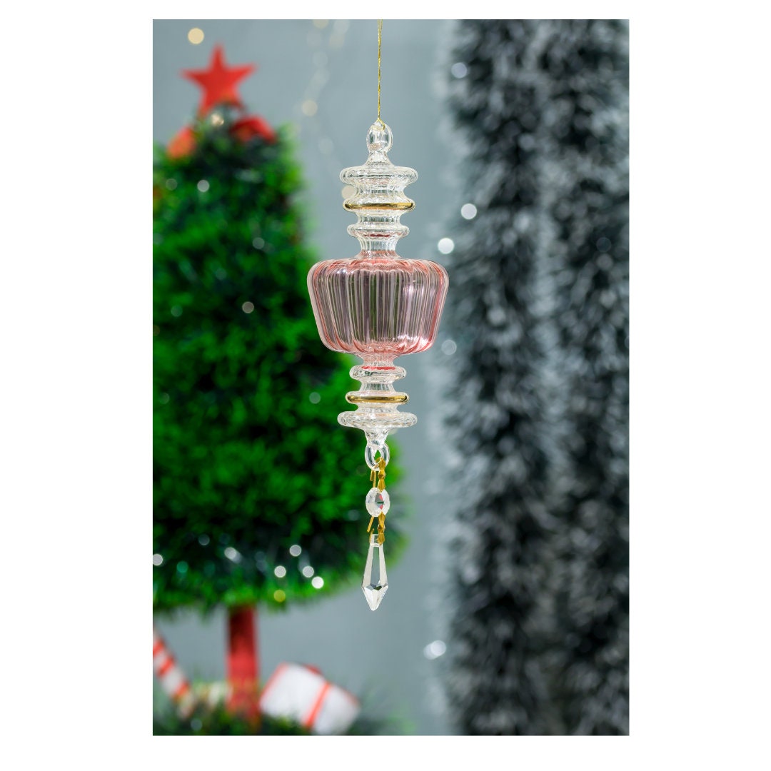 Les Trois Pyramides Christmas tree ornaments for xmas decorations | hanging ornament for christmas lights | Ribbed pink blown Glass 14K Gold