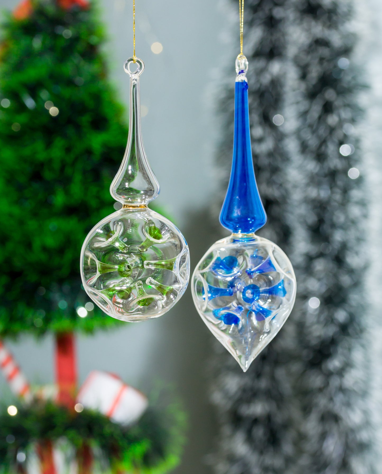 Les Trois Pyramides Hanging Christmas Ornaments for Christmas Tree Decoration with Double layer Blue Glass emboss with 14 K Gold