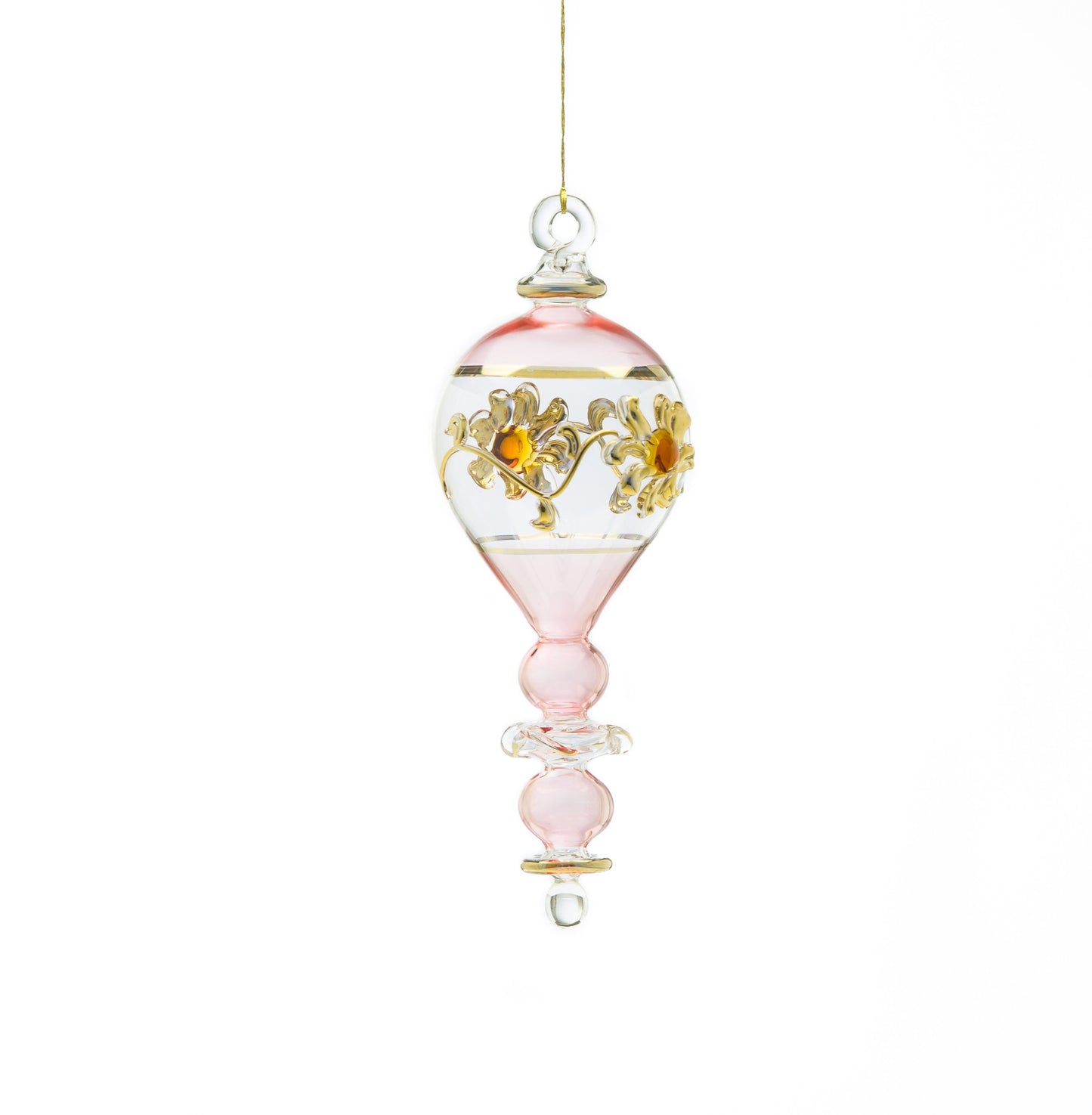 Pharaonic Vintage style pink Glass ornament for Christmas tree decorations engraved with 14K Gold flowers | antique christmas ornaments
