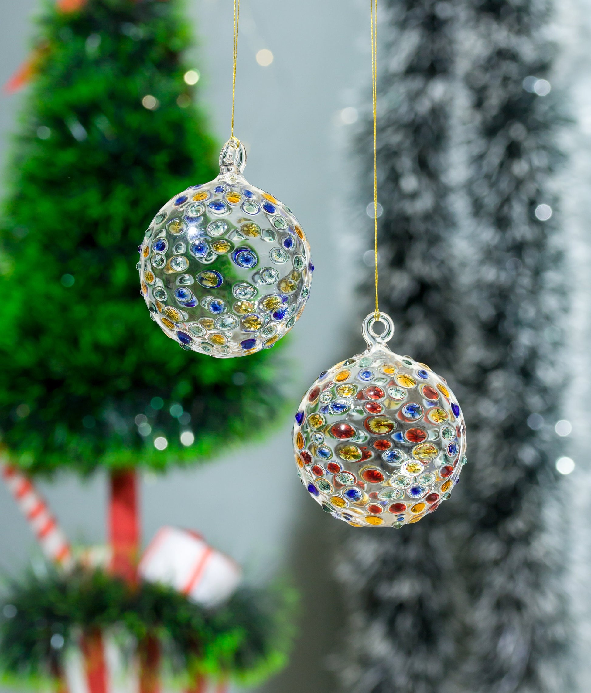 Set of Two Large Multicolored Glass Tree Topper Ball Ornaments - Les Trois Pyramides