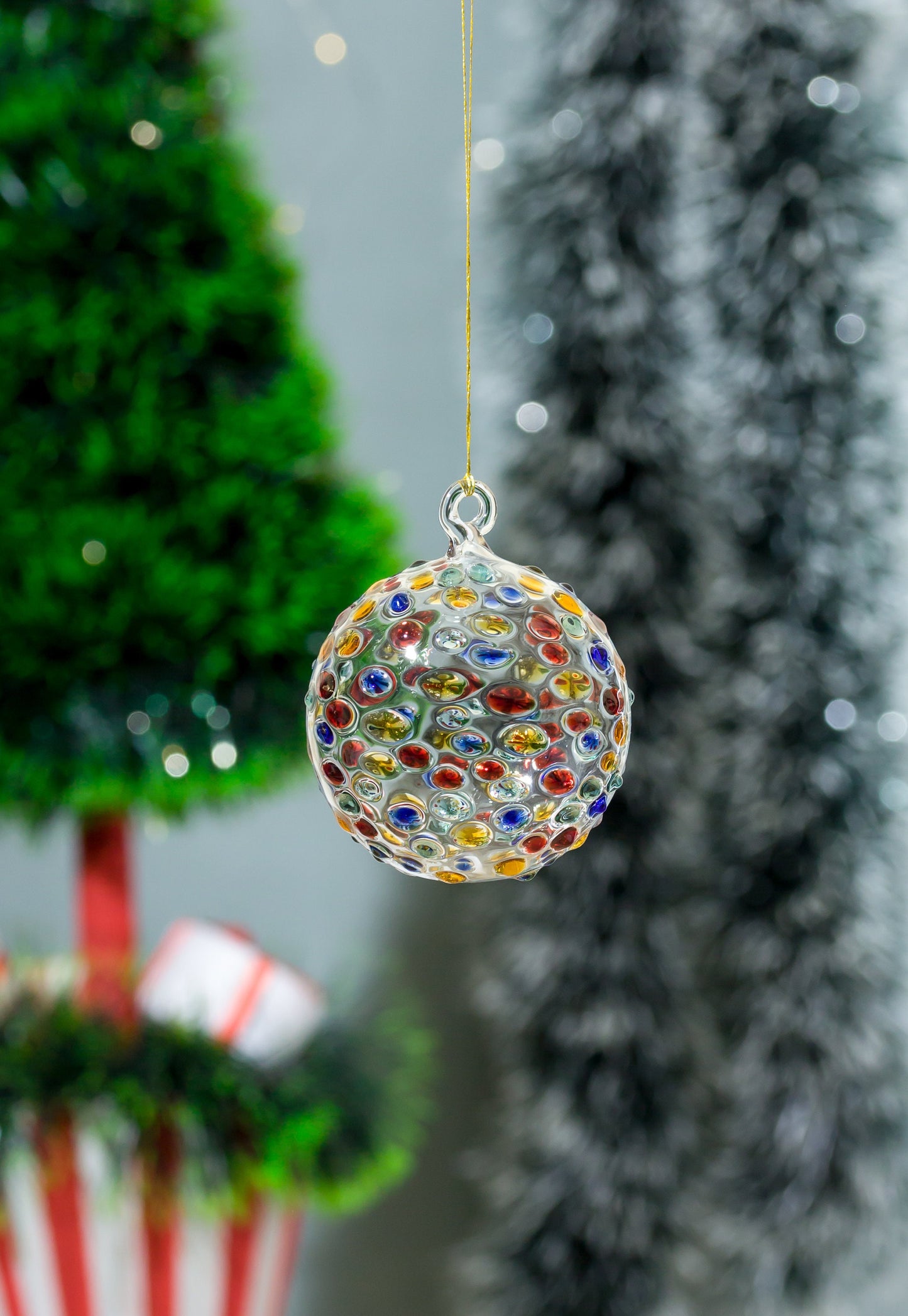 Set of Two Large Multicolored Glass Tree Topper Ball Ornaments - Les Trois Pyramides