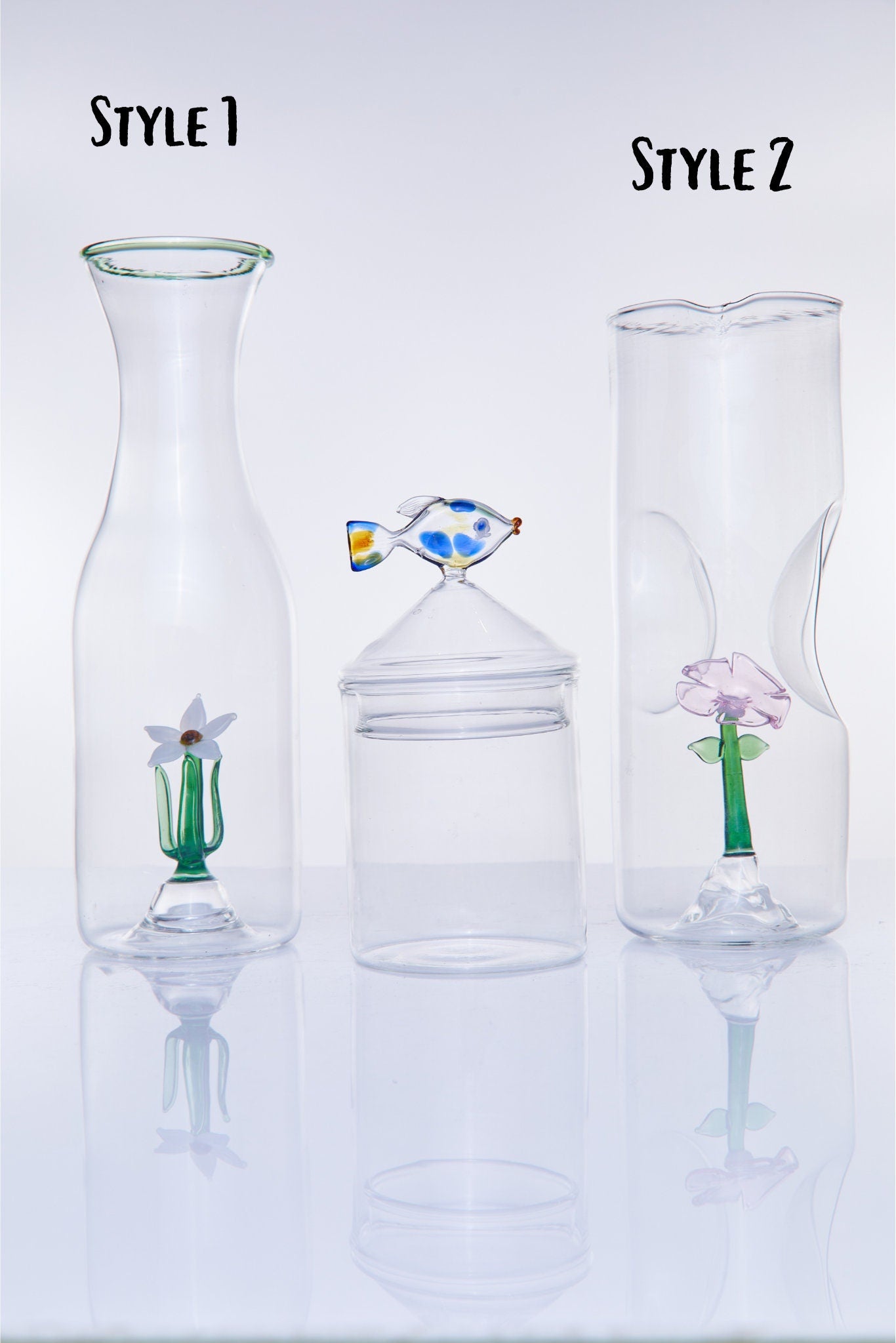 water carafe with white flower colored Glass , Bedside carafe , bedside water carafe , hand blown Glass , glass carafe
