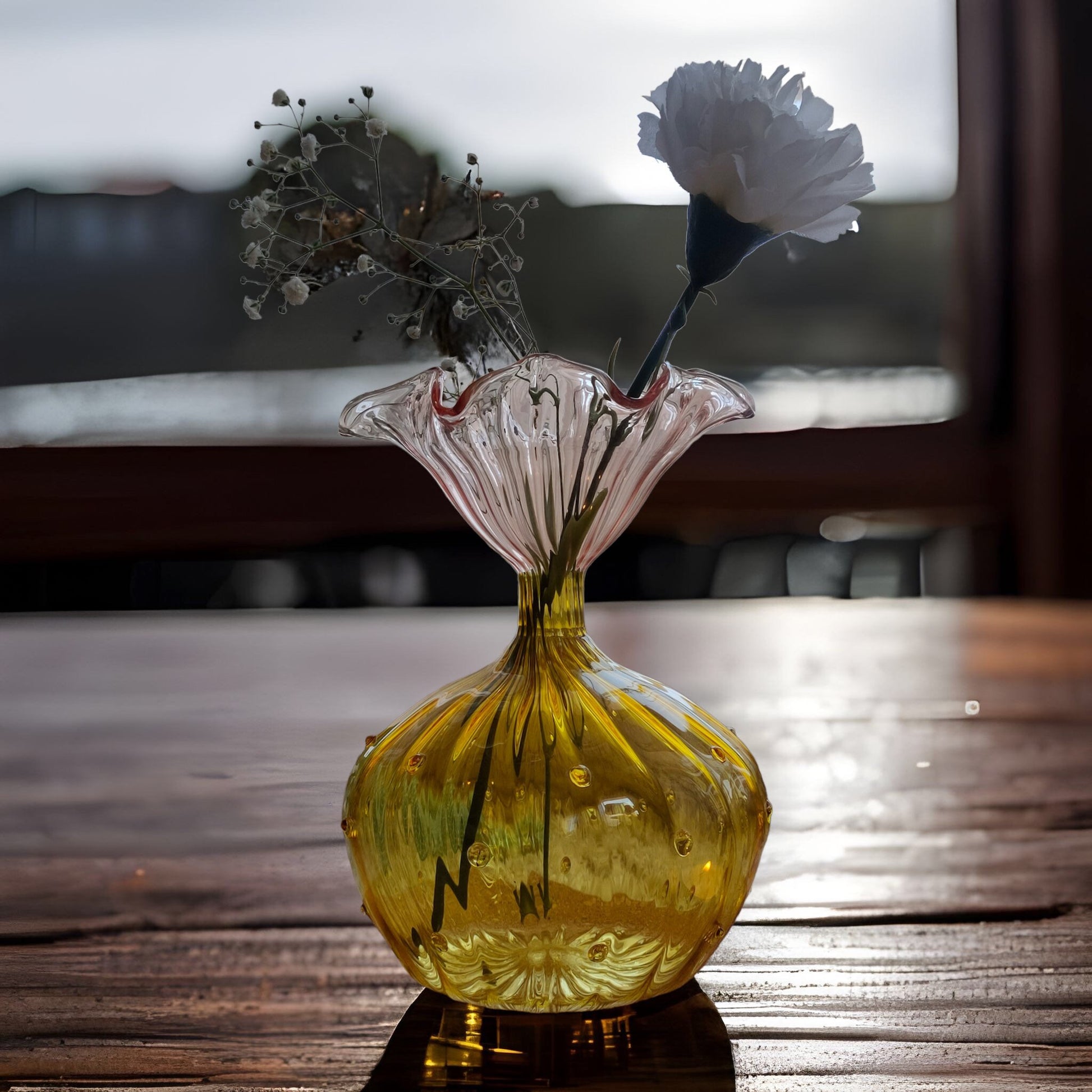 Hued Yellow Glass Art Deco Vase , Hand Blown Glassware , Blown Glass Vases , Vintage Glass Vase , Colored Glass Vases , Vase for Flowers - Les Trois Pyramides