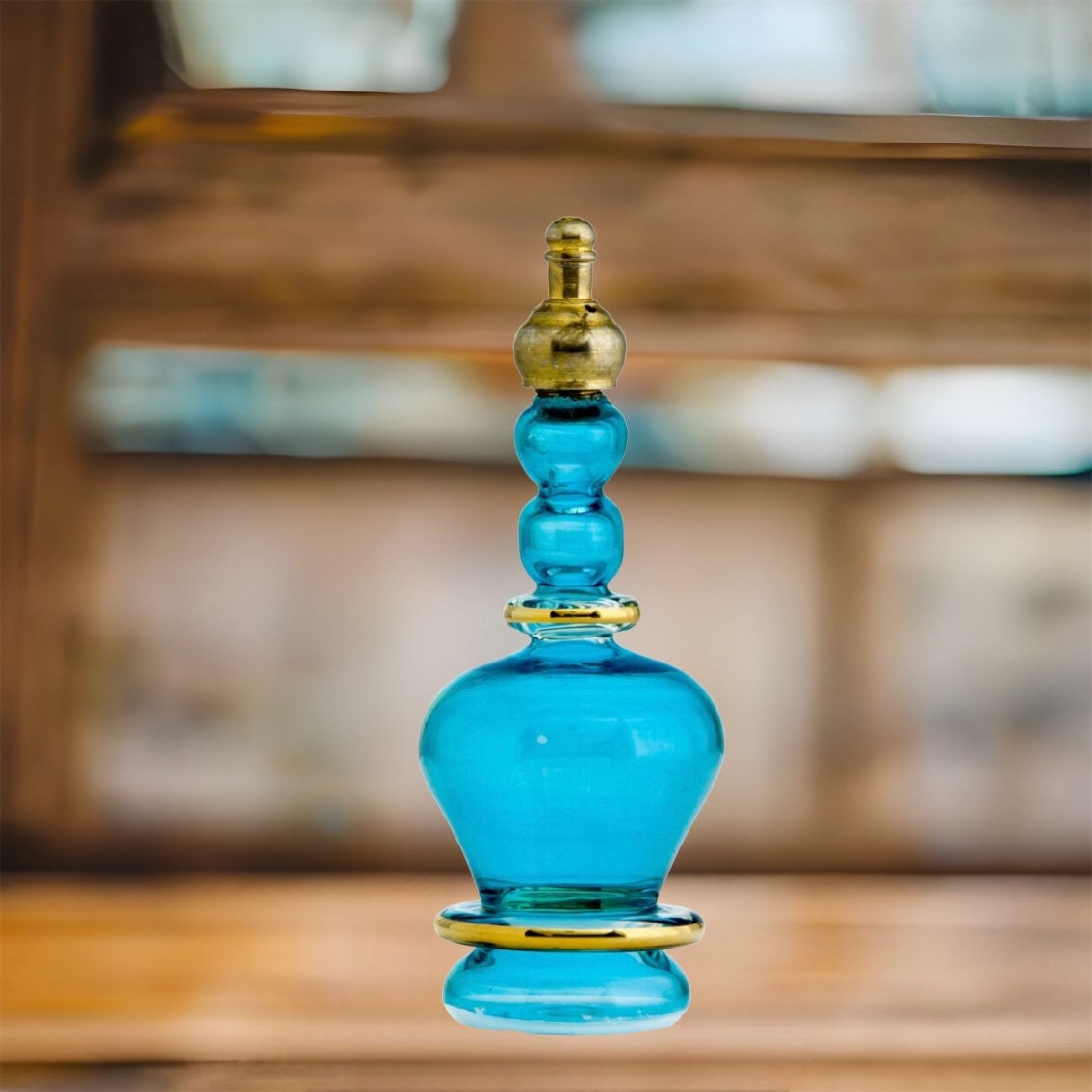Turquoise decorative perfume bottle with copper stopper - Hand painted - colored glassware - antique glassware - empty perfume bottle