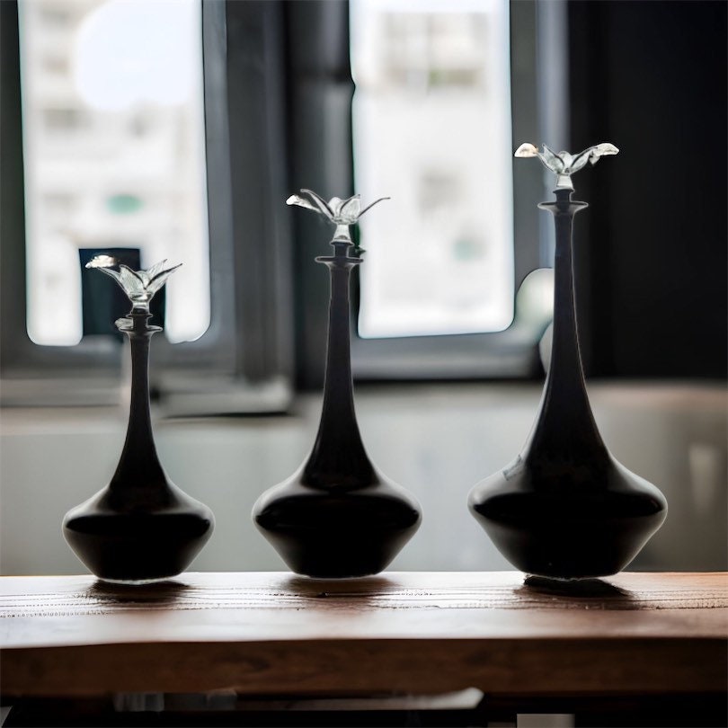 Dark Black Classy Set of Three Perfume Bottles - Blown Glass - Fragrance Decant - Decorative Bottles - Potion Bottles - Custom Glassware | Les Trois Pyramides