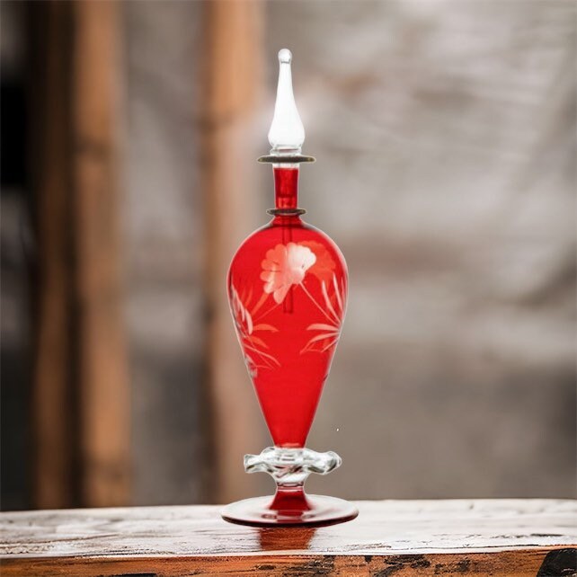 Perfume Bottle Engraved Red - Hand Painted Hand Blown Glass - Decorative Essential Oil Bottle - Gift for Women - Handmade Egyptian Glass - Les Trois Pyramides 
