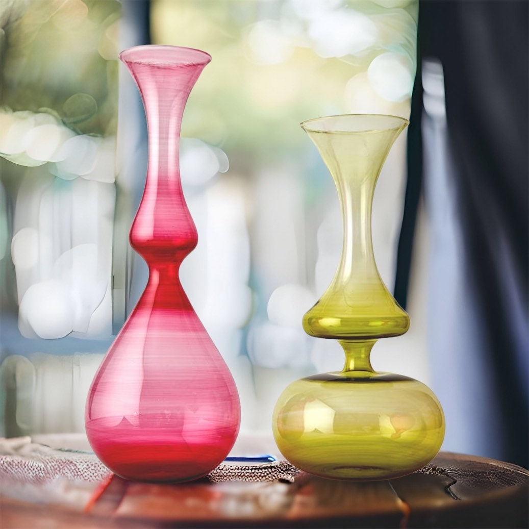 Set of 2 Handmade Vases , Handmade Blown Glass Table Top , Blown glass vases , vintage glass vase , colored glass vases