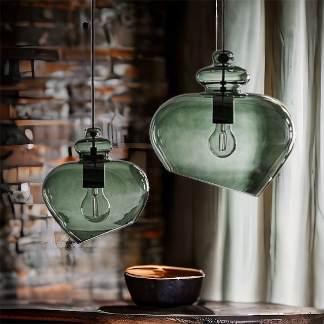 Set of Two blown glass light pendants for kitchen decor