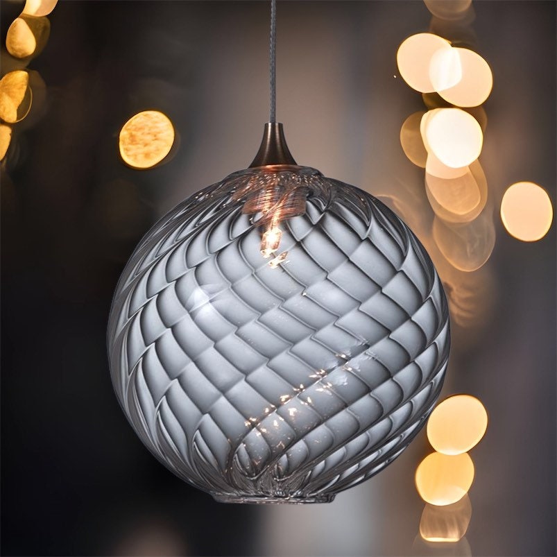 Light Fixture Round with Ripple and Swirl Ribbed Glass - Les Trois Pyramides
