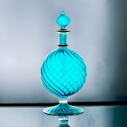 Perfume Bottle - Turquoise Ribbed Glass - Hand Painted - Perfume Bottles with Stopper - Empty Perfume Bottle - Decorative Bottle for Shelf - Les Trois Pyramides 