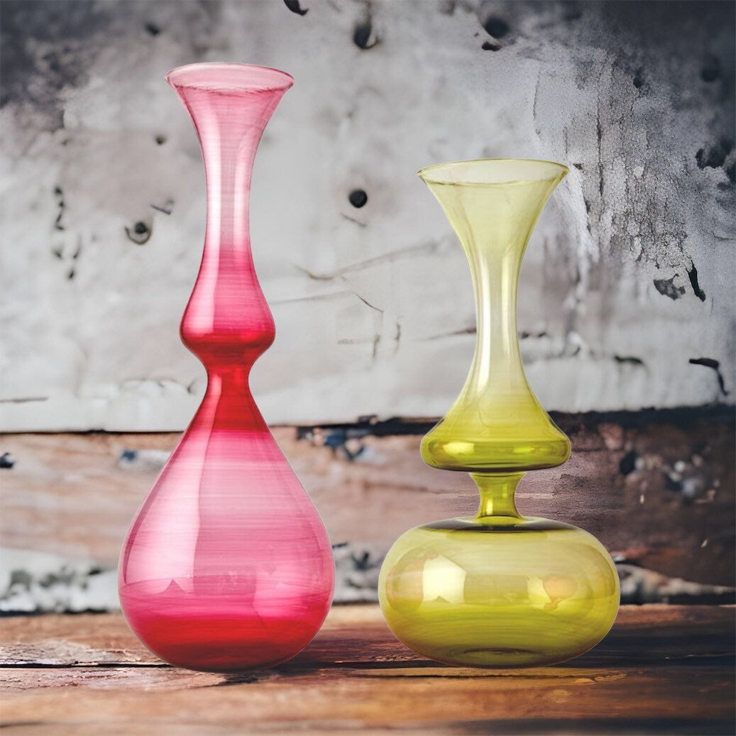 Set of 2 Handmade Vases , Handmade Blown Glass Table Top , Blown glass vases , vintage glass vase , colored glass vases