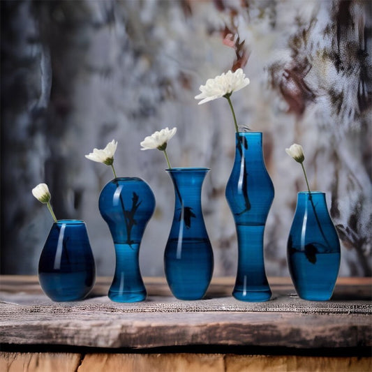 Set of 5 Different Blue Hued Beautiful Vases Blown Glass Different Taste of Art Gift for Her - Les Trois Pyramides