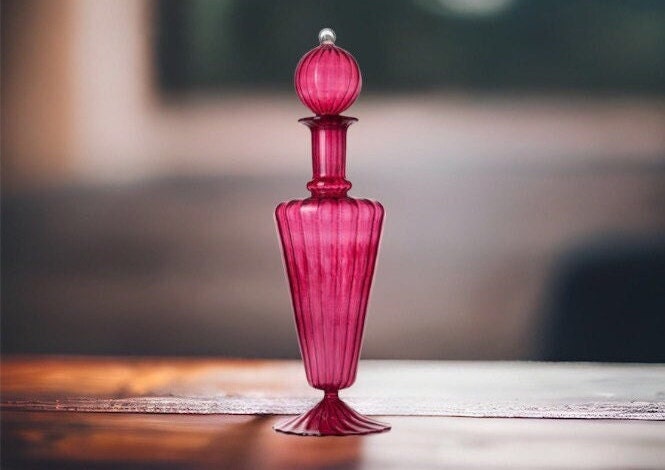 Miniature blown glass decanter, Artisan Blown Glass perfume bottle, handmade Burgundy Glass decanter, art deco handblown glass bottle