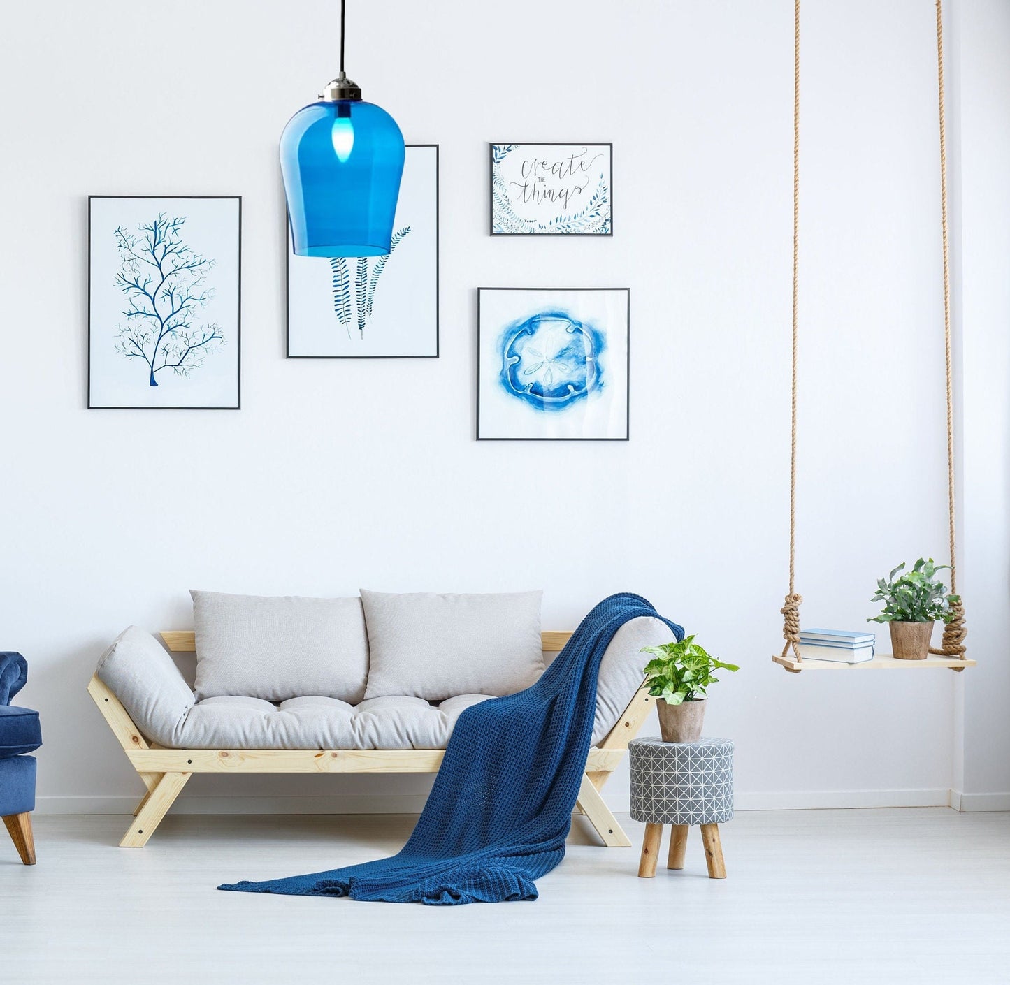 Blue Hanging lamp with silver fittings