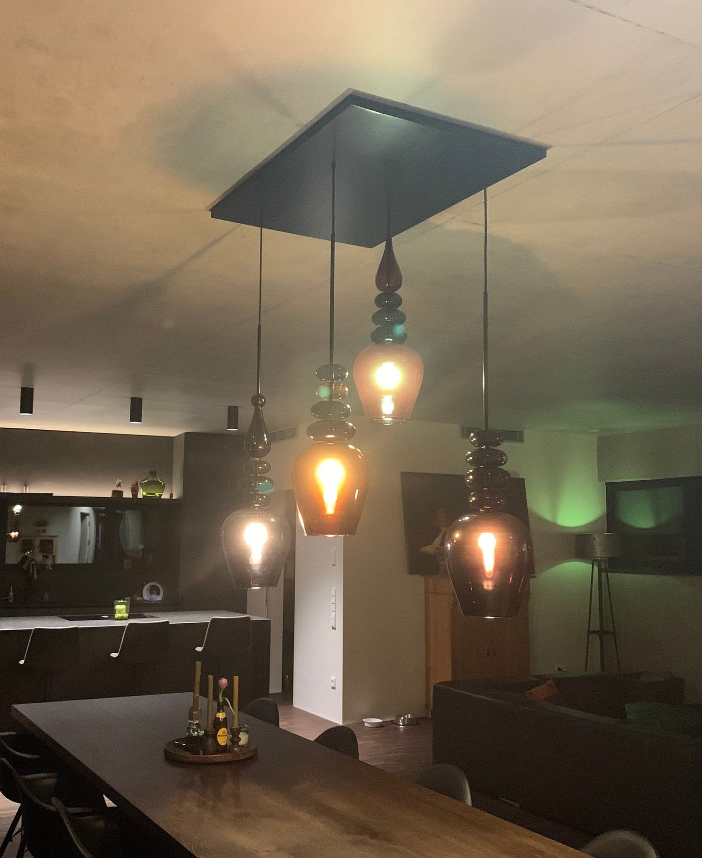 Set of Four Blown Glass Light Pendants + Ceiling Plate for Living Room Decor - Les Trois Pyramides